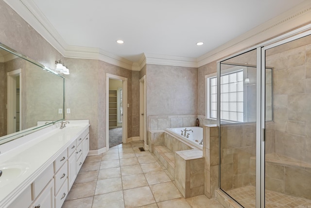 full bathroom with a garden tub, ornamental molding, tile patterned floors, double vanity, and a stall shower