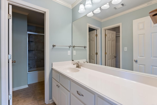 full bath with bathtub / shower combination, visible vents, ornamental molding, vanity, and tile patterned flooring