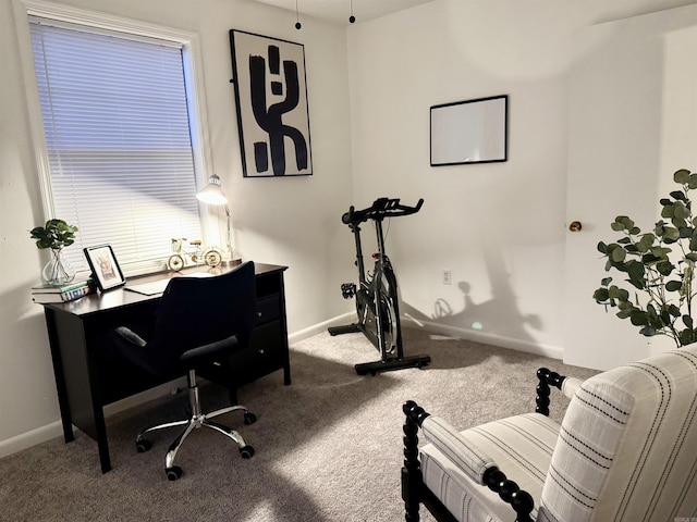 home office featuring carpet flooring and baseboards