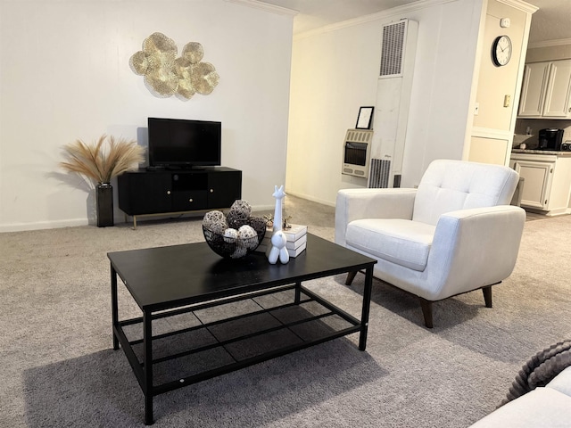 living area with light colored carpet, crown molding, and heating unit