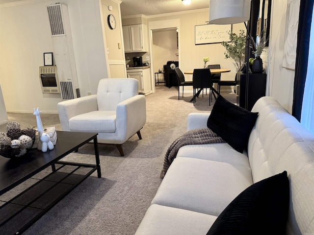 living room with ornamental molding, light carpet, visible vents, and heating unit