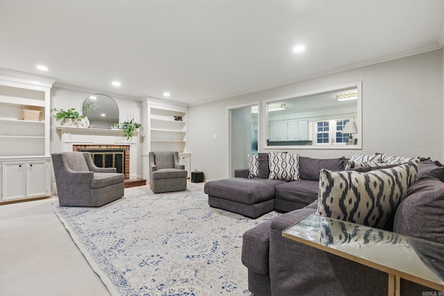 living room featuring carpet floors, built in shelves, recessed lighting, ornamental molding, and a brick fireplace