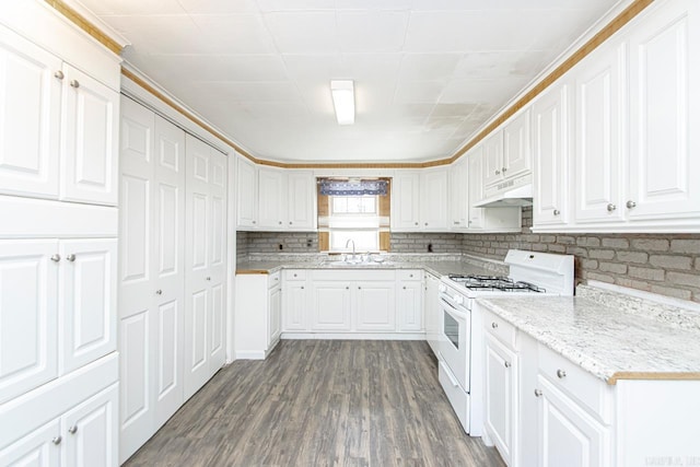 kitchen featuring dark wood finished floors, white cabinetry, a sink, white range with gas stovetop, and under cabinet range hood