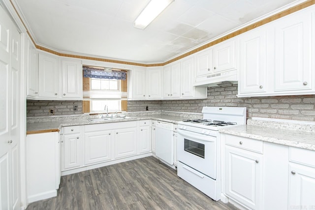 kitchen featuring dark wood-style flooring, white cabinetry, a sink, white appliances, and under cabinet range hood