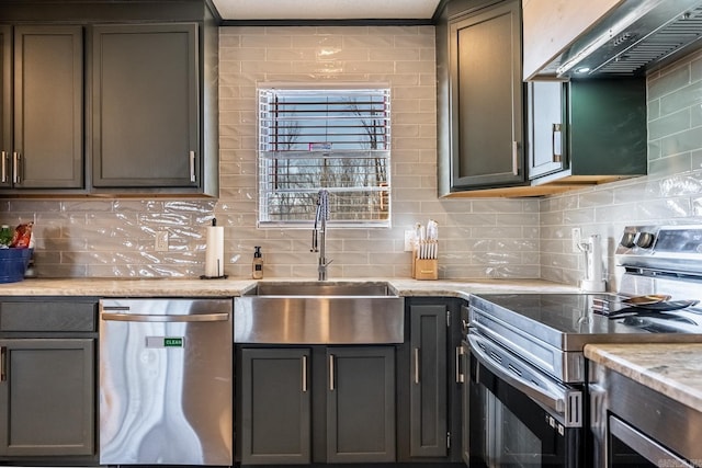 kitchen featuring stainless steel appliances, a sink, wall chimney range hood, and tasteful backsplash