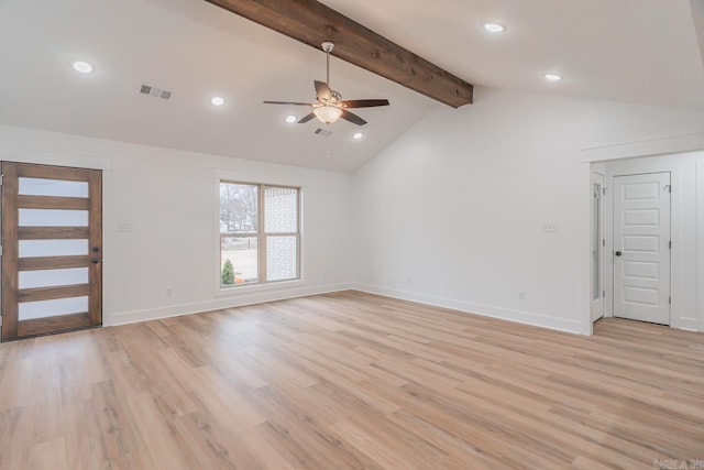 unfurnished living room featuring visible vents, baseboards, a ceiling fan, lofted ceiling with beams, and light wood-type flooring