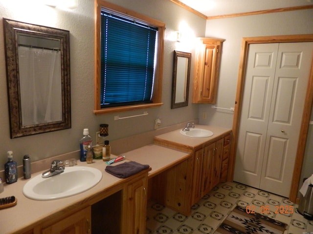 full bathroom featuring double vanity, ornamental molding, and a sink