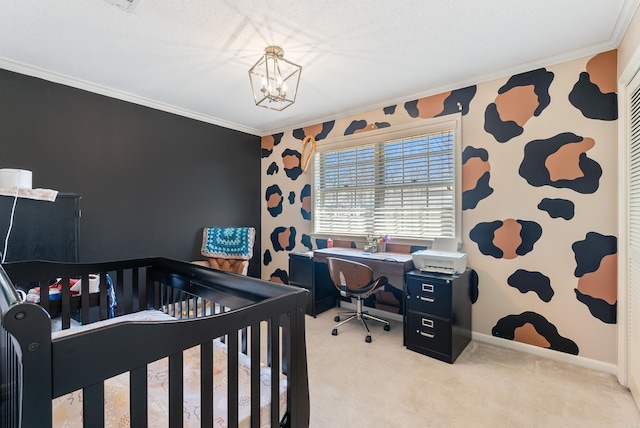 bedroom featuring baseboards, carpet floors, ornamental molding, and an inviting chandelier