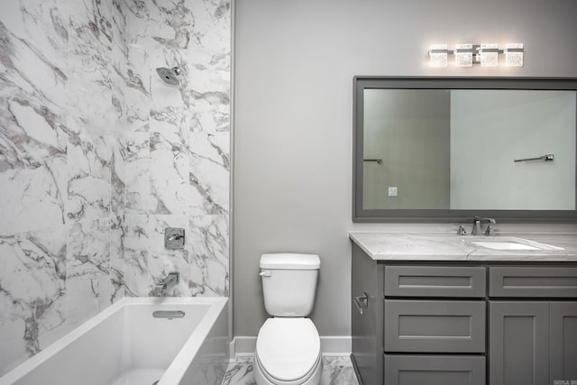 full bath with marble finish floor, bathtub / shower combination, toilet, vanity, and baseboards