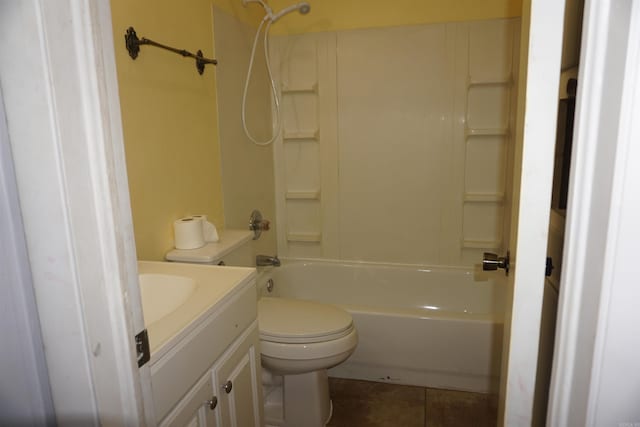 full bathroom with bathtub / shower combination, vanity, toilet, and tile patterned floors