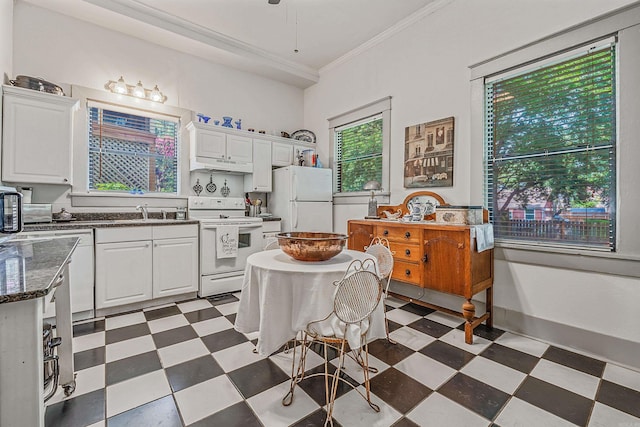 kitchen featuring crown molding, light floors, white appliances, and under cabinet range hood