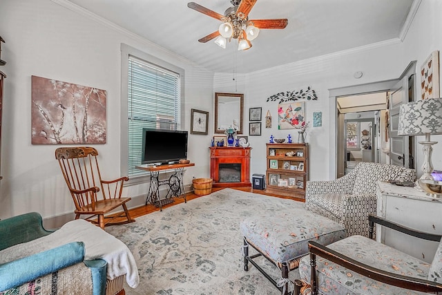 living area featuring ceiling fan, a fireplace, wood finished floors, and crown molding