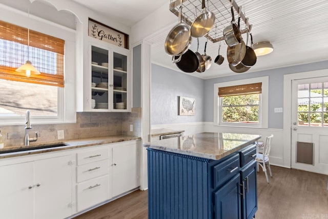 kitchen featuring blue cabinetry, plenty of natural light, a sink, and wainscoting