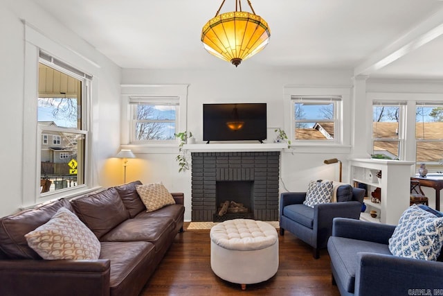 living room with a fireplace and wood finished floors