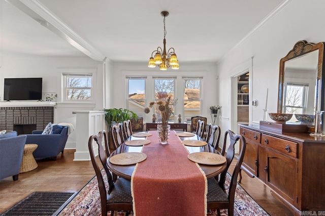 dining area with ornamental molding, a wealth of natural light, an inviting chandelier, and wood finished floors