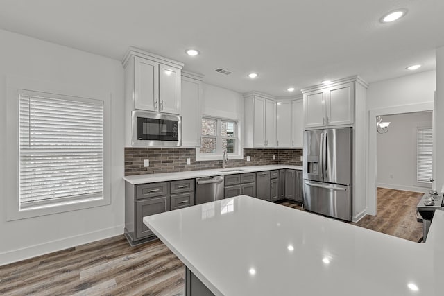 kitchen featuring tasteful backsplash, visible vents, dark wood-style flooring, stainless steel appliances, and a sink