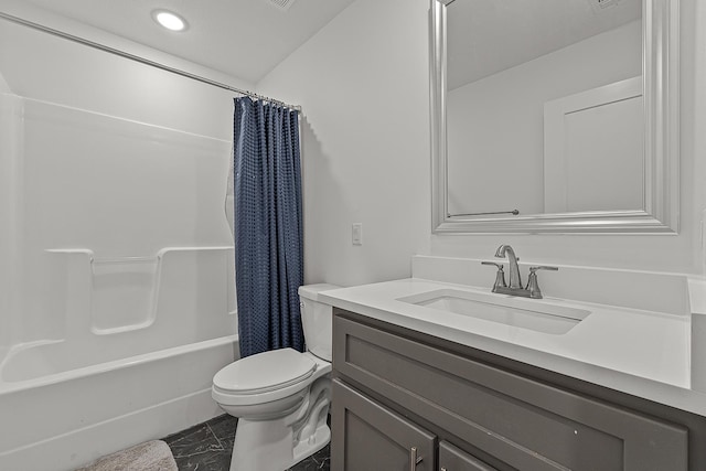 full bath with toilet, recessed lighting, vanity, marble finish floor, and shower / bathtub combination with curtain