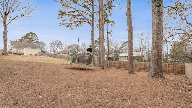 view of yard with a trampoline and a fenced backyard