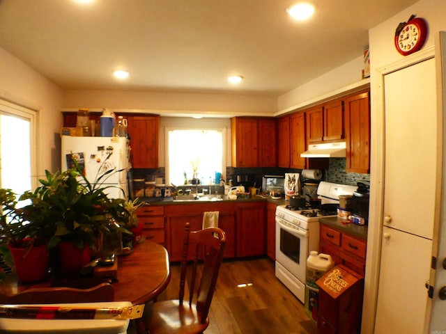 kitchen featuring under cabinet range hood, white appliances, dark wood-type flooring, tasteful backsplash, and dark countertops