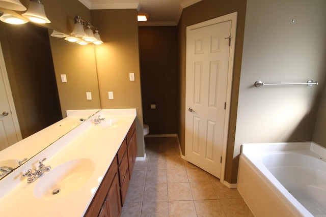 full bath featuring ornamental molding, a sink, toilet, and tile patterned floors