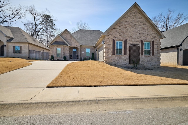 view of front of house with a garage, concrete driveway, and brick siding