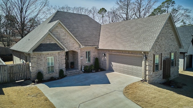 french country home featuring a garage, fence, concrete driveway, and brick siding