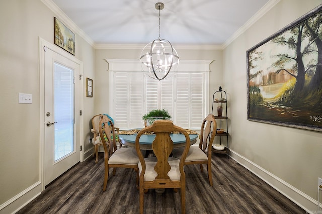 dining space with a notable chandelier, baseboards, ornamental molding, and dark wood-type flooring