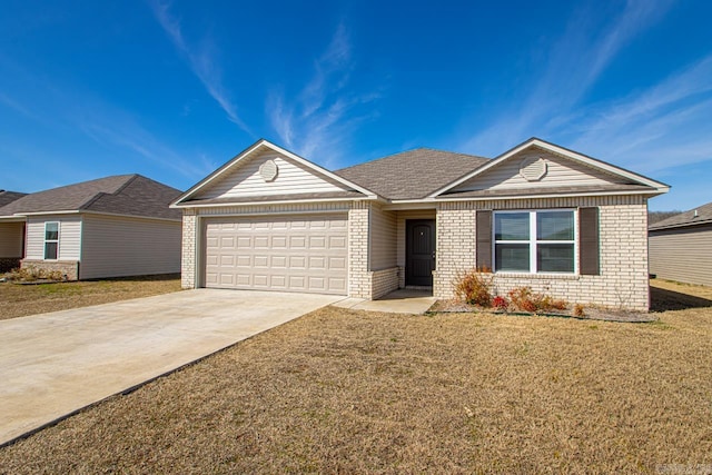 ranch-style house featuring a garage, concrete driveway, brick siding, and a front lawn