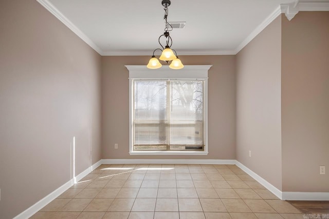 unfurnished dining area with visible vents, crown molding, baseboards, and light tile patterned floors