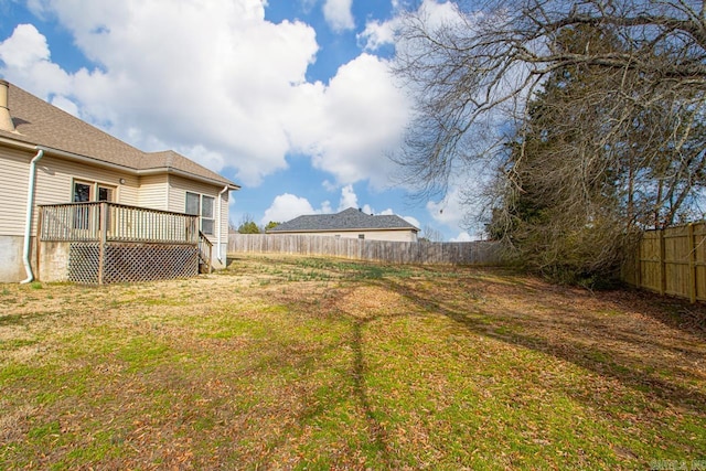 view of yard featuring a fenced backyard and a deck