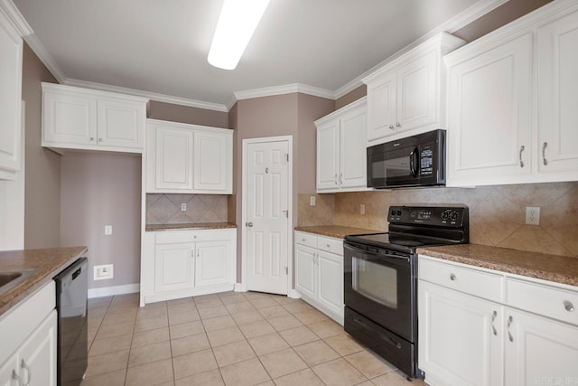 kitchen with black appliances, light tile patterned flooring, white cabinetry, and crown molding