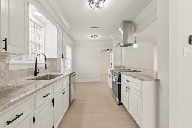 kitchen featuring stainless steel appliances, a sink, white cabinetry, backsplash, and island exhaust hood