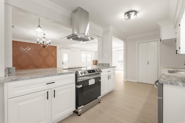 kitchen with electric stove, island exhaust hood, ornamental molding, white cabinetry, and light wood-type flooring