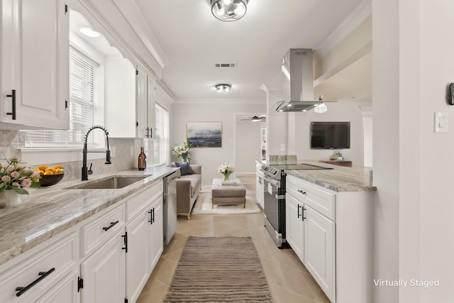 kitchen with stainless steel appliances, a sink, tasteful backsplash, island exhaust hood, and crown molding