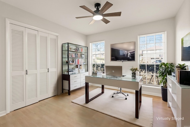 office space featuring light wood-type flooring and ceiling fan