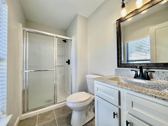 bathroom with vanity, a shower stall, toilet, and tile patterned floors