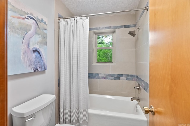 full bathroom with shower / bathtub combination with curtain, a textured ceiling, and toilet