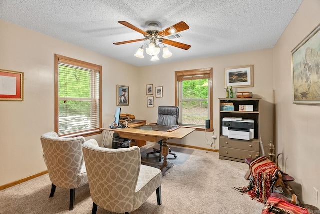 carpeted home office with a wealth of natural light, a textured ceiling, and baseboards