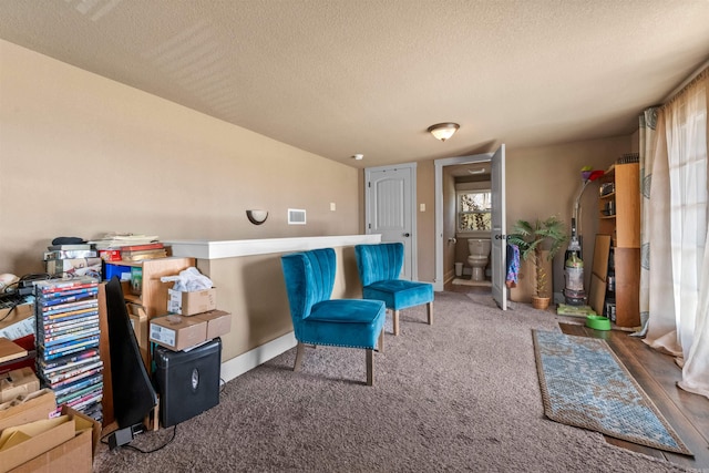 sitting room with carpet floors, baseboards, and a textured ceiling