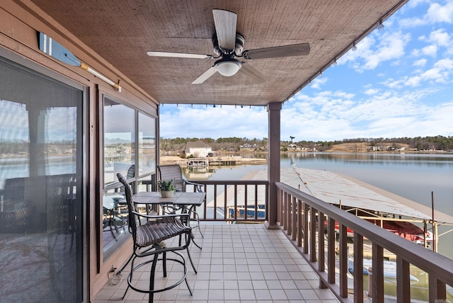 balcony with ceiling fan and a water view