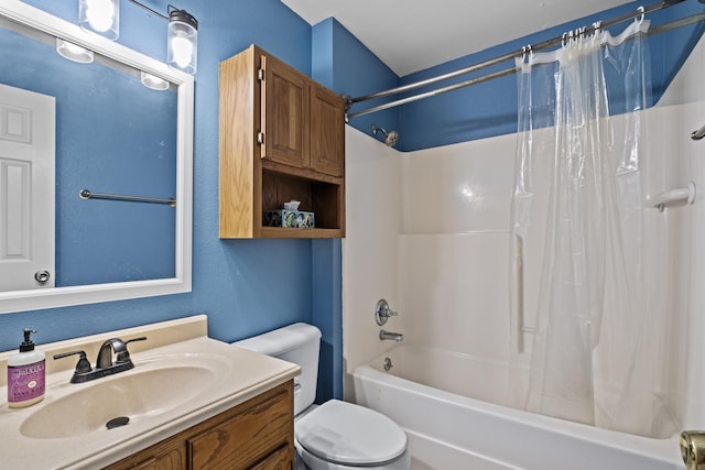 bathroom featuring shower / bathtub combination with curtain, toilet, and vanity