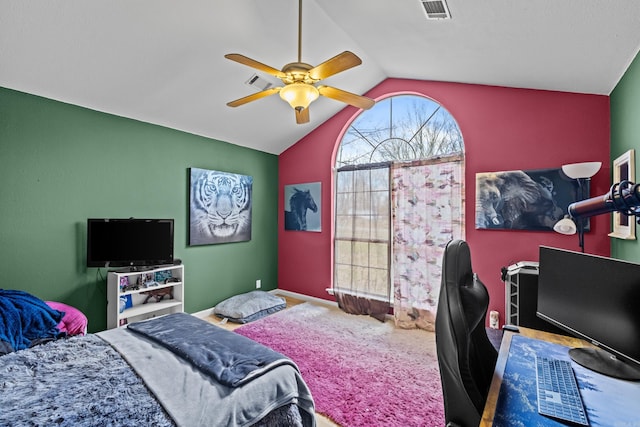 bedroom with lofted ceiling, carpet floors, ceiling fan, and visible vents