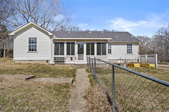 back of property with entry steps, a shingled roof, fence, a sunroom, and crawl space