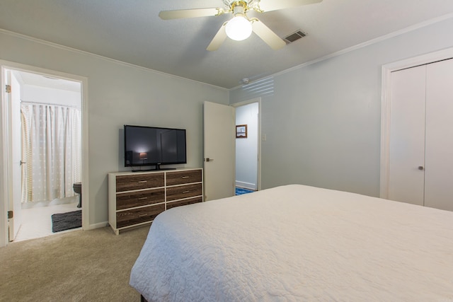 bedroom with baseboards, visible vents, ceiling fan, crown molding, and carpet flooring