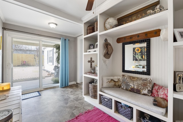 mudroom with a ceiling fan and crown molding