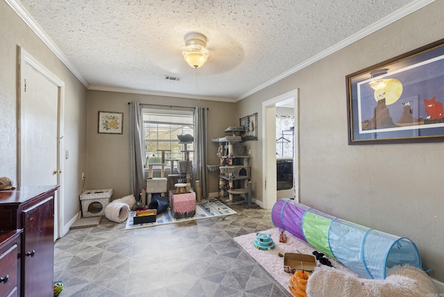 interior space with ornamental molding, a textured ceiling, and tile patterned floors