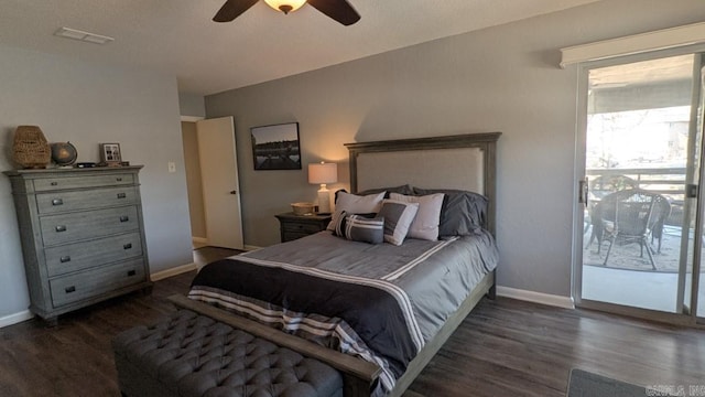 bedroom featuring dark wood-style floors, visible vents, ceiling fan, access to outside, and baseboards