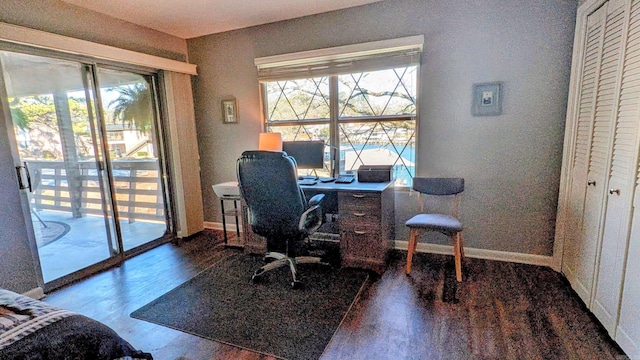 home office with wood finished floors and baseboards