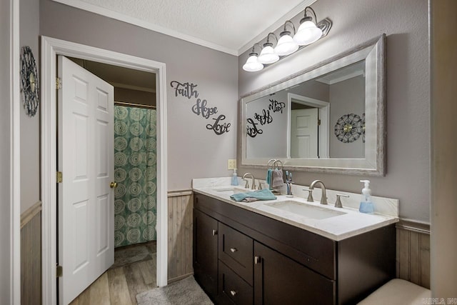 2925 E Snow Ln, Alexander, AR 72002 - bathroom with wood finished floors, a sink, a wainscoted wall, and ornamental molding