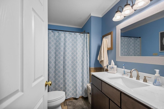 2925 E Snow Ln, Alexander, AR 72002 - full bathroom featuring crown molding, toilet, a shower with curtain, and vanity